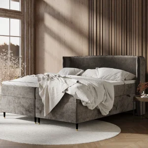 Boxspringbed van chenillestof Segni – matras – topper matras – 200×200 cm – bruin