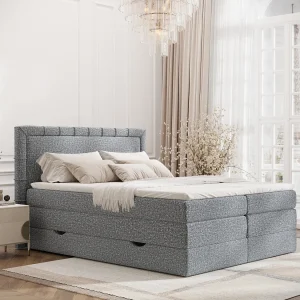 Boxspringbed met hoofdeinde van bouclestof – Rosabel – matras en dekmatras – 180×200 cm – grijs