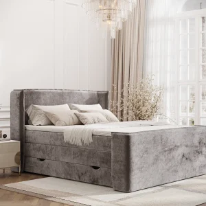 Boxspringbed met hoofdeinde van chenillestof – Freeland – matras en dekmatras – 140×200 cm – beige Boxspringbed met hoofdeinde van chenillestof – Freeland – matras en dekmatras – 140×200 cm – beige
