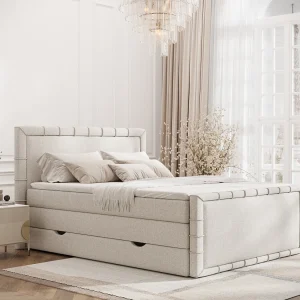 Boxspringbed met hoofdeinde van geweven stof – Estelle – matras en dekmatras – 180×200 cm – beige