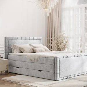 Boxspringbed met hoofdeinde van chenillestof – Estelle – matras en dekmatras – 180×200 cm – lichtgrijs Boxspringbed met hoofdeinde van chenillestof – Estelle – matras en dekmatras – 180×200 cm – lichtgrijs