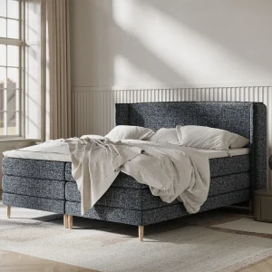 Boxspringbed met hoofdeinde van geweven stof – Carizzo – matras en dekmatras – 180×200 cm – marineblauw