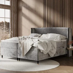 Boxspringbed van chenillestof Segni – matras – topper matras – 140×200 cm – grijs Boxspringbed van chenillestof Segni – matras – topper matras – 140×200 cm – grijs