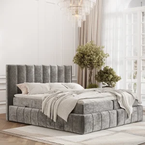 Boxspringbed met hoofdeinde van chenillestof – Moretti – matras en dekmatras – 180×200 cm – grijs Boxspringbed met hoofdeinde van chenillestof – Moretti – matras en dekmatras – 180×200 cm – grijs