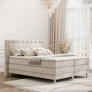 Boxspringbed met hoofdeinde van geweven stof – Rimini – matras en dekmatras – 140×200 cm – creme