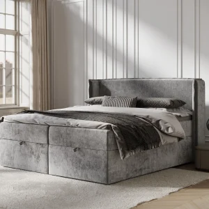 Boxspringbed met hoofdeinde van chenillestof – Passion – matras en dekmatras – 200×200 cm – grijs Boxspringbed met hoofdeinde van chenillestof – Passion – matras en dekmatras – 200×200 cm – grijs