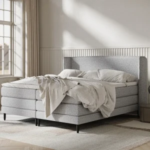 Boxspringbed met hoofdeinde van geweven stof – Carizzo – matras en dekmatras – 160×200 cm – grijs