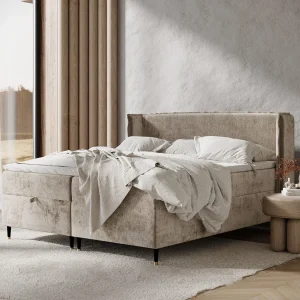 Boxspringbed met hoofdeinde van chenillestof – Monpelli – matras en dekmatras – 180×200 cm – beige