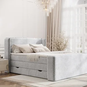 Boxspringbed met hoofdeinde van chenillestof – Freeland – matras en dekmatras – 140×200 cm – lichtgrijs Boxspringbed met hoofdeinde van chenillestof – Freeland – matras en dekmatras – 140×200 cm – lichtgrijs