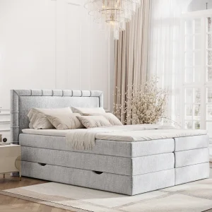 Boxspringbed met hoofdeinde van chenillestof – Rosabel – matras en dekmatras – 140×200 cm – lichtgrijs Boxspringbed met hoofdeinde van chenillestof – Rosabel – matras en dekmatras – 140×200 cm – lichtgrijs