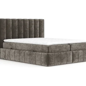 Boxspringbed met hoofdeinde van chenillestof – Moretti – matras en dekmatras – 200×200 cm – bruin