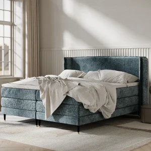 Boxspringbed met hoofdeinde van chenillestof – Carizzo – matras en dekmatras – 180×200 cm – blauw Boxspringbed met hoofdeinde van chenillestof – Carizzo – matras en dekmatras – 180×200 cm – blauw