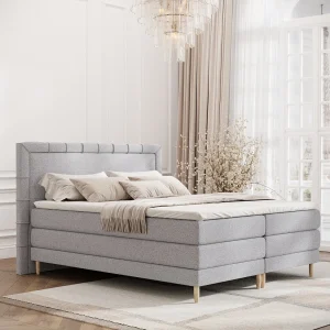 Boxspringbed met hoofdeinde van geweven stof – Rimini – matras en dekmatras – 140×200 cm – lichtgrijs