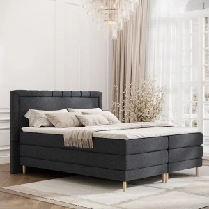 Boxspringbed met hoofdeinde van geweven stof – Rimini – matras en dekmatras – 160×200 cm – zwart