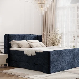 Boxspringbed met hoofdeinde van chenillestof – Freeland – matras en dekmatras – 200×200 cm – marineblauw