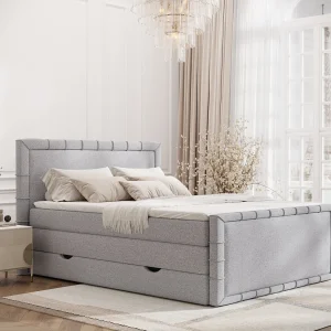 Boxspringbed met hoofdeinde van geweven stof – Estelle – matras en dekmatras – 180×200 cm – lichtgrijs