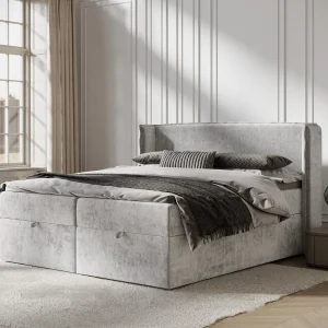 Boxspringbed met hoofdeinde van chenillestof – Passion – matras en dekmatras – 140×200 cm – lichtgrijs