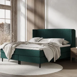 Boxspringbed met hoofdeinde van geweven stof – Ardis – matras en dekmatras – 160×200 cm – groen