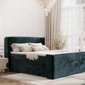 Boxspringbed met hoofdeinde van chenillestof – Freeland – matras en dekmatras – 180×200 cm – blauwgroen Boxspringbed met hoofdeinde van chenillestof – Freeland – matras en dekmatras – 180×200 cm – blauwgroen