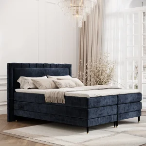 Boxspringbed met hoofdeinde van chenillestof – Rimini – matras en dekmatras – 160×200 cm – marineblauw Boxspringbed met hoofdeinde van chenillestof – Rimini – matras en dekmatras – 160×200 cm – marineblauw