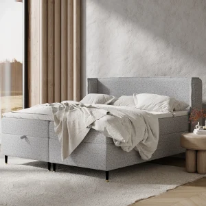Boxspringbed met hoofdeinde van geweven stof – Monpelli – matras en dekmatras – 180×200 cm – grijs