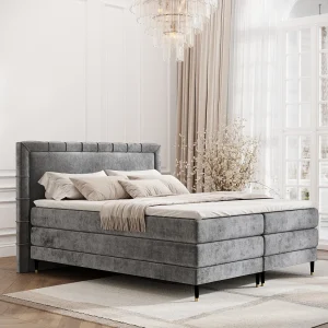 Boxspringbed met hoofdeinde van chenillestof – Rimini – matras en dekmatras – 140×200 cm – grijs Boxspringbed met hoofdeinde van chenillestof – Rimini – matras en dekmatras – 140×200 cm – grijs