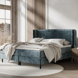 Boxspringbed met hoofdeinde van chenillestof – Ardis – matras en dekmatras – 140×200 cm – blauw