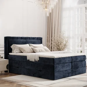 Boxspringbed met hoofdeinde van chenillestof – Rosabel – matras en dekmatras – 140×200 cm – marineblauw Boxspringbed met hoofdeinde van chenillestof – Rosabel – matras en dekmatras – 140×200 cm – marineblauw