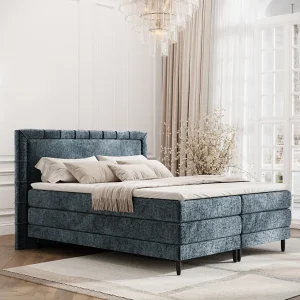 Boxspringbed met hoofdeinde van chenillestof – Rimini – matras en dekmatras – 180×200 cm – blauw Boxspringbed met hoofdeinde van chenillestof – Rimini – matras en dekmatras – 180×200 cm – blauw