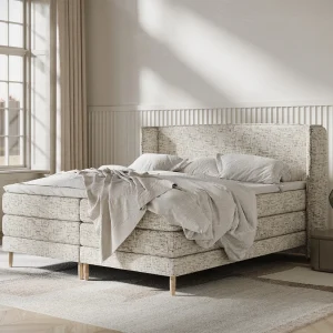 Boxspringbed met hoofdeinde van geweven stof – Carizzo – matras en dekmatras – 180×200 cm – beige mélangé