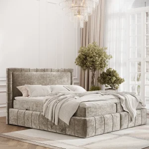 Boxspringbed met hoofdeinde van chenillestof – Sundown – matras en dekmatras – 160×200 cm – beige Boxspringbed met hoofdeinde van chenillestof – Sundown – matras en dekmatras – 160×200 cm – beige
