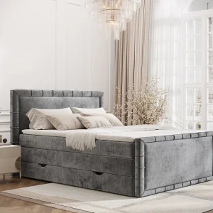 Boxspringbed met hoofdeinde van chenillestof – Estelle – matras en dekmatras – 200×200 cm – grijs Boxspringbed met hoofdeinde van chenillestof – Estelle – matras en dekmatras – 200×200 cm – grijs