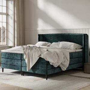 Boxspringbed met hoofdeinde van chenillestof – Carizzo – matras en dekmatras – 160×200 cm – blauwgroen Boxspringbed met hoofdeinde van chenillestof – Carizzo – matras en dekmatras – 160×200 cm – blauwgroen