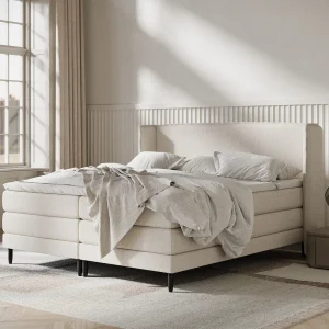 Boxspringbed met hoofdeinde van geweven stof – Carizzo – matras en dekmatras – 140×200 cm – beige