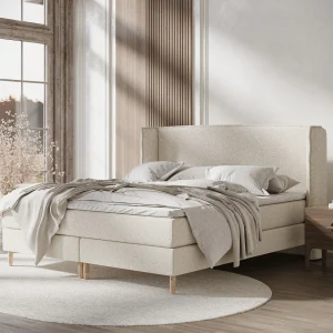 Boxspringbed met hoofdeinde van bouclestof – Ardis – matras en dekmatras – 180×200 cm – beige Boxspringbed met hoofdeinde van bouclestof – Ardis – matras en dekmatras – 180×200 cm – beige