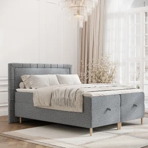 Boxspringbed met hoofdeinde van bouclestof – Voyage – matras en dekmatras – 160×200 cm – grijs