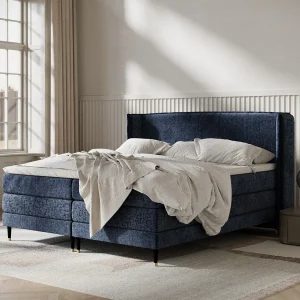 Boxspringbed met hoofdeinde van chenillestof – Carizzo – matras en dekmatras – 140×200 cm – marineblauw Boxspringbed met hoofdeinde van chenillestof – Carizzo – matras en dekmatras – 140×200 cm – marineblauw
