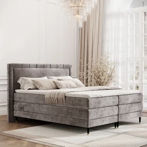 Boxspringbed met hoofdeinde van chenillestof – Rimini – matras en dekmatras – 180×200 cm – beige Boxspringbed met hoofdeinde van chenillestof – Rimini – matras en dekmatras – 180×200 cm – beige