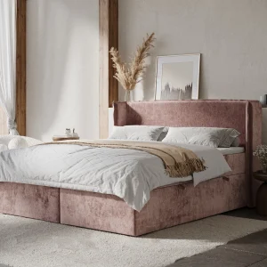 Boxspringbed met hoofdeinde van chenillestof – Skyline – matras en dekmatras – 200×200 cm – roze