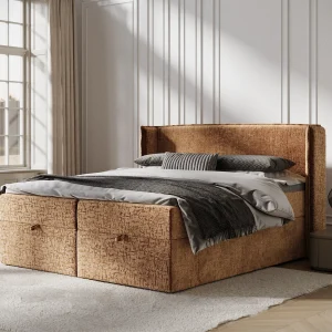 Boxspringbed met hoofdeinde van chenillestof – Passion – matras en dekmatras – 140×200 cm – koper