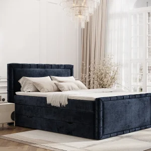 Boxspringbed met hoofdeinde van chenillestof – Estelle – matras en dekmatras – 140×200 cm – marineblauw