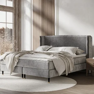 Boxspringbed met hoofdeinde van chenillestof – Ardis – matras en dekmatras – 140×200 cm – grijs