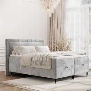 Boxspringbed met hoofdeinde van chenillestof – Voyage – matras en dekmatras – 180×200 cm – lichtgrijs Boxspringbed met hoofdeinde van chenillestof – Voyage – matras en dekmatras – 180×200 cm – lichtgrijs