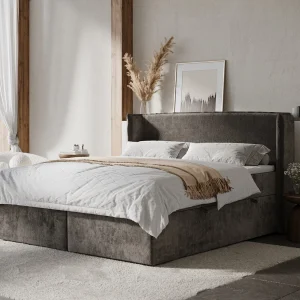 Boxspringbed met hoofdeinde van chenillestof – Skyline – matras en dekmatras – 180×200 cm – bruin