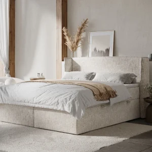 Boxspringbed met hoofdeinde van geweven stof – Skyline – matras en dekmatras – 180×200 cm – creme