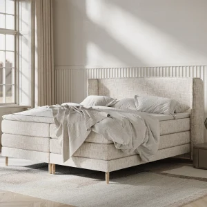 Boxspringbed met hoofdeinde van geweven stof – Carizzo – matras en dekmatras – 160×200 cm – creme