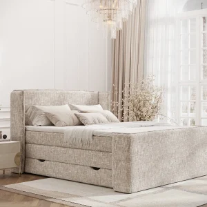 Boxspringbed met hoofdeinde van geweven stof – Freeland – matras en dekmatras – 160×200 cm – creme