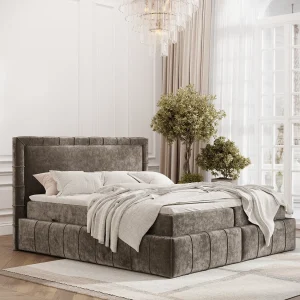 Boxspringbed met hoofdeinde van chenillestof – Sundown – matras en dekmatras – 180×200 cm – bruin Boxspringbed met hoofdeinde van chenillestof – Sundown – matras en dekmatras – 180×200 cm – bruin