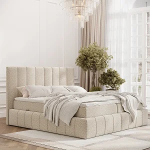 Boxspringbed met hoofdeinde van bouclestof – Moretti – matras en dekmatras – 140×200 cm – beige