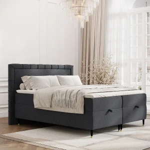 Boxspringbed met hoofdeinde van geweven stof – Voyage – matras en dekmatras – 160×200 cm – zwart